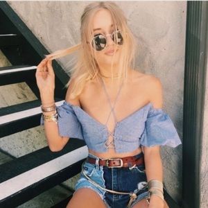 LF Call Me Eden- Off the Shoulder Gingham Puff Sleeve Crop Top